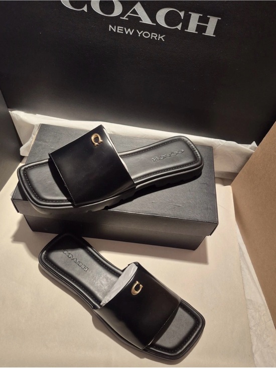 Coach Shoes - Coach Black Leather Slide Sandals with Gold 'C' Accent